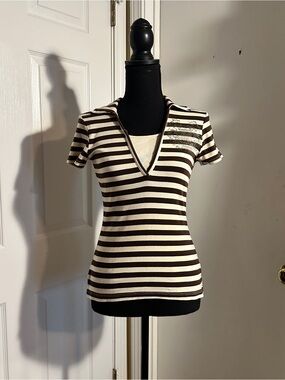 Striped Brown & Cream Short Sleeve V-Neck Top